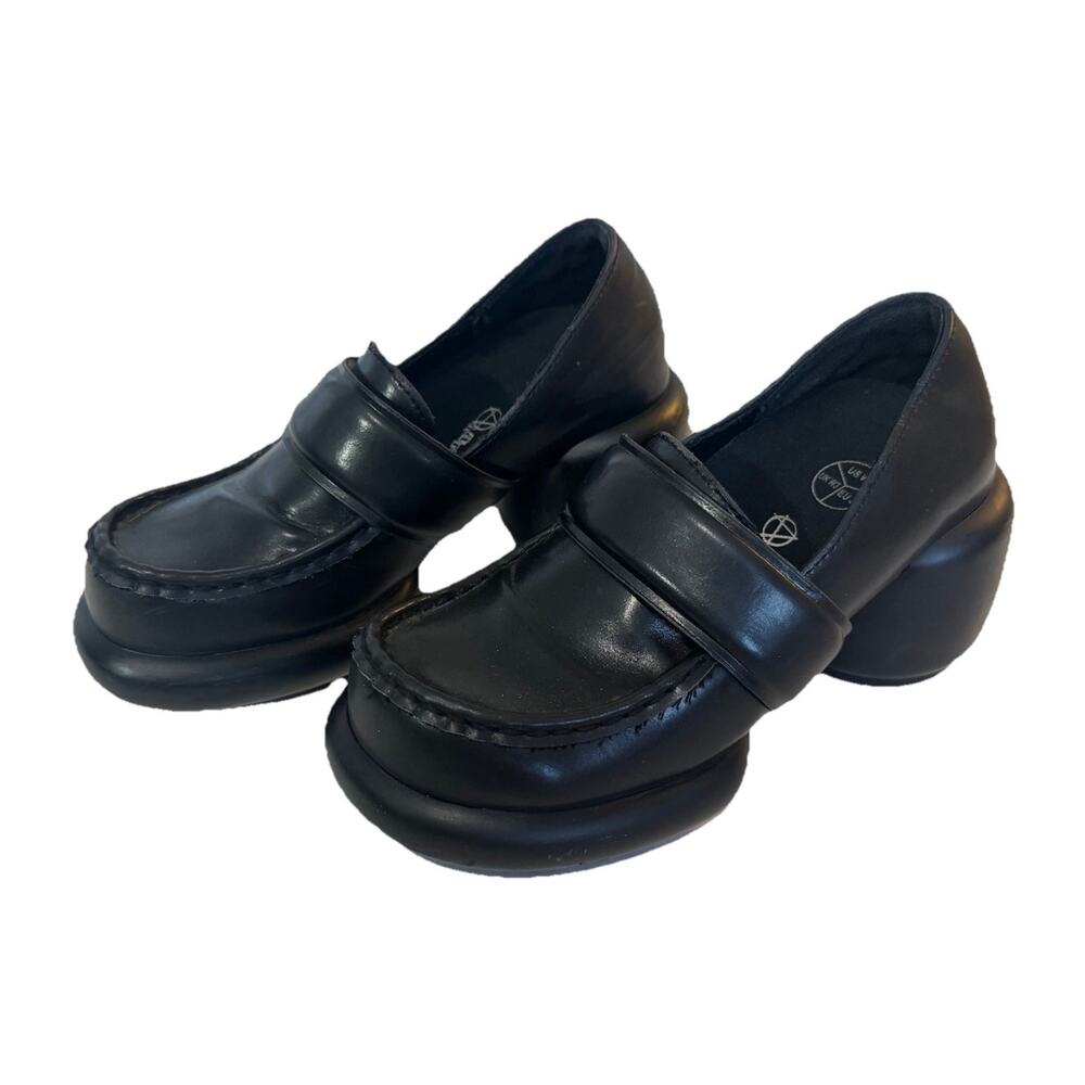 T.U.K. Anarchic Black Bubble Loafers Chunky Platform Slip On Shoes Sculpted Heel - Picture 2 of 9